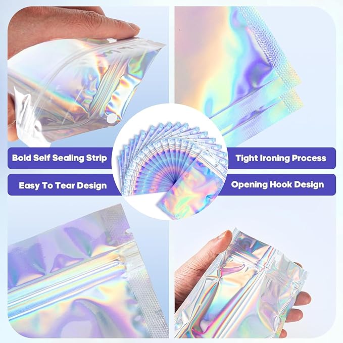 100Pcs Holographic Packaging Bags, 3.5x4.7 inch Resealable Foil Pouch Mylar Sample Bag Great for Small Business and Party