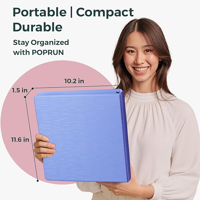 POPRUN 3 Ring Binder 1 Inch, PVC-Free, Holds 175 Sheets of 8.5 x 11 Paper, Extra Durable Organizer with 2 Pockets for School & Office, Heavy-Duty, 2 Pack, Midnight Green
