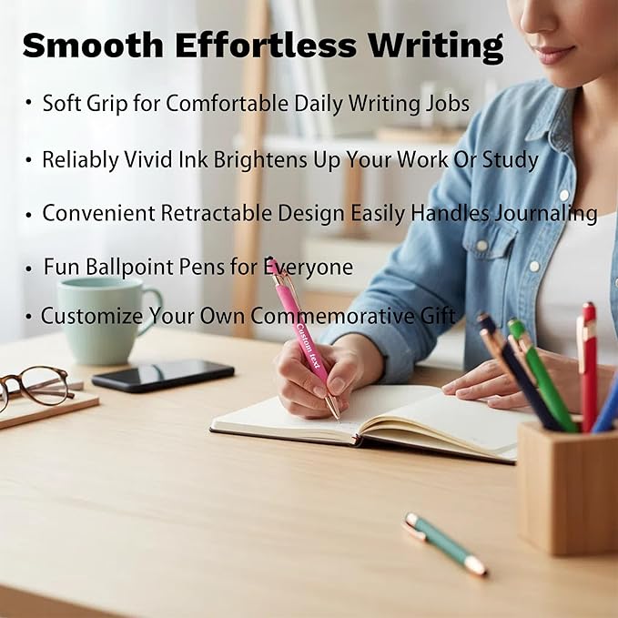 CRME Custom Pens Personalized Pen with Name Logo Engraved Metallic Pink Barrel Black Ink Click Pens Grip Retractable Ballpoint Pen Ideal for Business Office Encouraging Scriptures