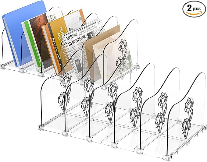 COWVTUJ Adjustable Rose File Organizer for Desk, Vertical File Folder Holders for Magazines, Upright Desktop Binder Organizer, Clear Paper Bookshelf Divider File Sorter for School Office Supplies