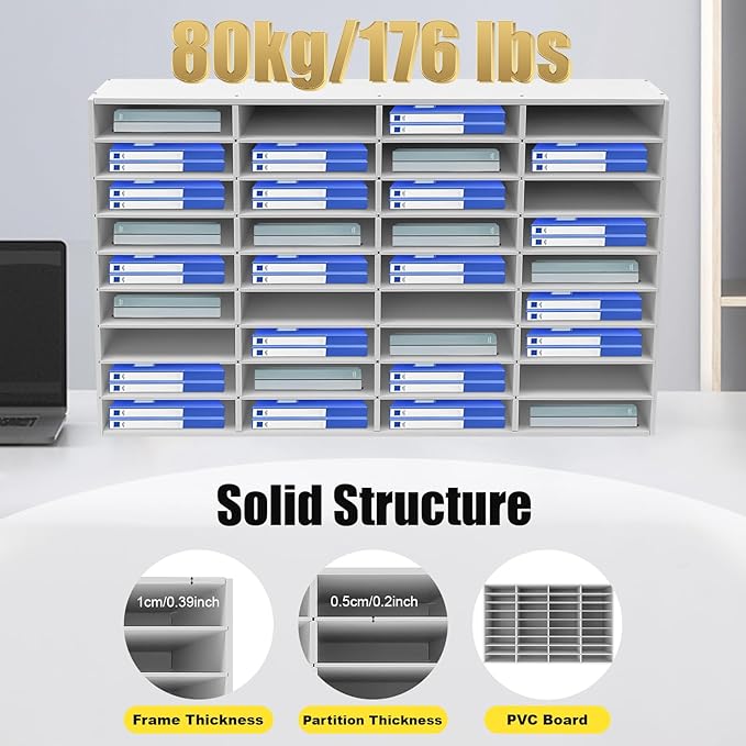 Literature Organizer with 36 Compartments | Adjustable Desktop File Sorter Mail Center for Home, Office & Classroom | PVC Paper Storage Cabinet with Shelves, White