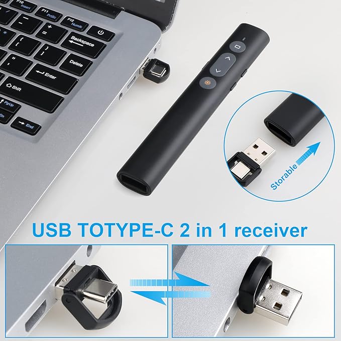 Presentation Clicker Presentation Remotes, Type C/USB A 2 in 1 Pointer, Remote PowerPoint Clicker,USB/Type-C for Computer Slide Advancer, Volume Control/Hyperlink/Switch Windows(Battery Included)