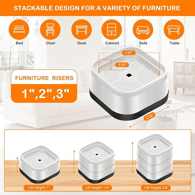 shouwuhho 9 Pack Furniture Risers Adjustable Bed Risers Heavy Duty Lifts Height 1", Square Stackable Bed Risers 1, 2 or 3 Inch for Desk Leg Table Couch Sofa Chair Bed Frame Legs Dorm, White