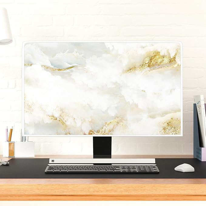 Baocicco White Gold Waterproof TV Display Screen Cover with Abstract Texture Marble Design 80 Inch Television Covers Sleeve Compatible with LCD LED PC Desktop and Home Hanging TV