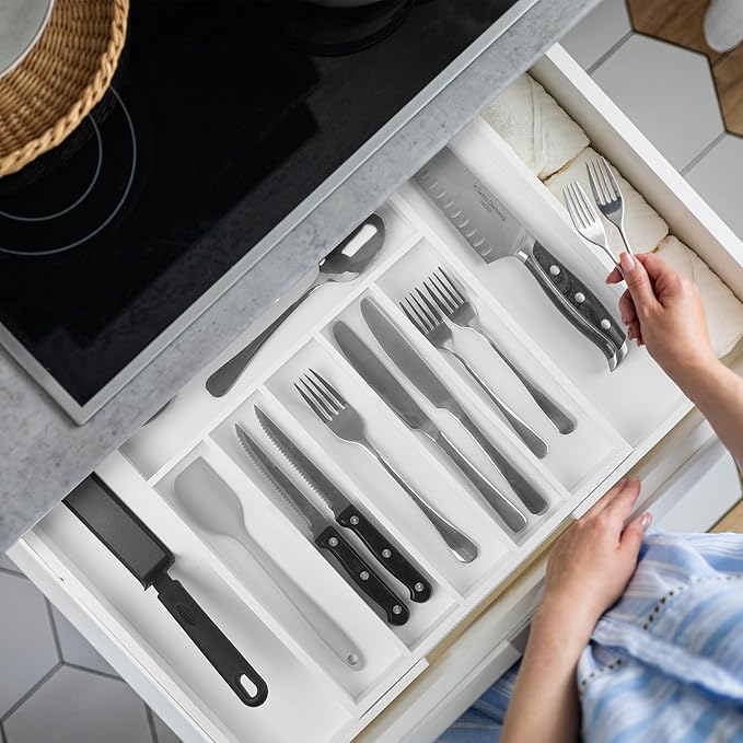 oridom Large Premium Bamboo Silverware Organizer - Expandable Drawer Organizer & Utensil Organizer - 17"x19.7" Cutlery Tray with Dividers for Kitchen Utensils and Flatware (7-9 Slots) (White)