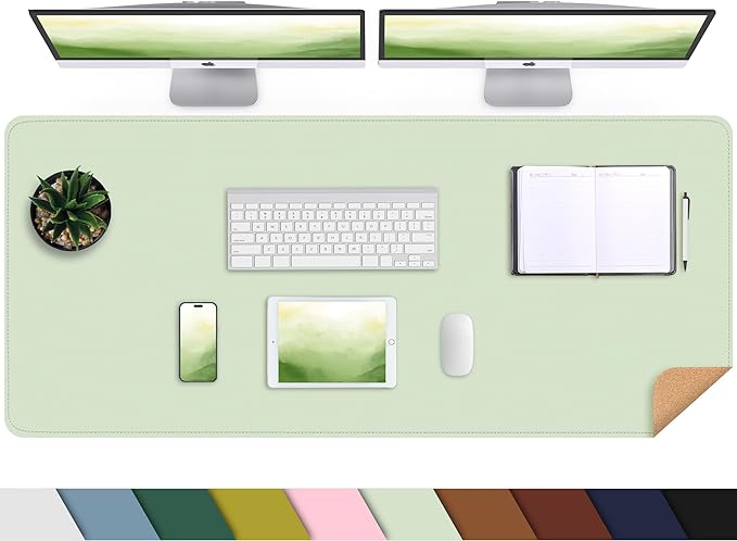 Leather Desk pad Protector, Large Desk mat with Natural Cork & PU Leather,Mouse pad,Non-Slip Office Desk Mat,Waterproof Desk Writing Pad for Office and Home (47in*17in, Light Green)