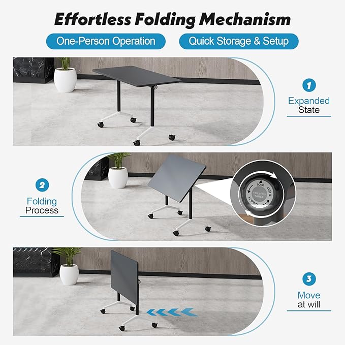 Goakwwuz Conference Room Table, Folding Conference Tables,Thicken Grey Tabletop,Flip Top Wooden Seminar Meeting Room Table for Conference Room Offices (6, Black, 70.8”)