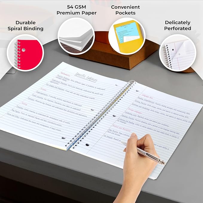 Rosmonde Spiral Notebook 12 Pack, 5 Subject, 300 Pages/Book (150 Sheets), College Ruled, 8 x 10-1/2, School & Office Bulk Spiral Notebooks, Spiral Journal for College, Soft Cover, Assorted Colors