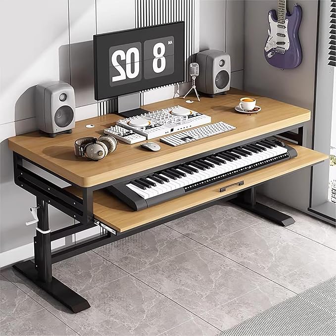 GRIPITHPY Modern Music Studio Desk Workstation with Keyboard Tray,Height Adjustable Standing Desks Table,Recording Studio Desk with Metal Legs,Wood Computer Desk for Home Office Studio