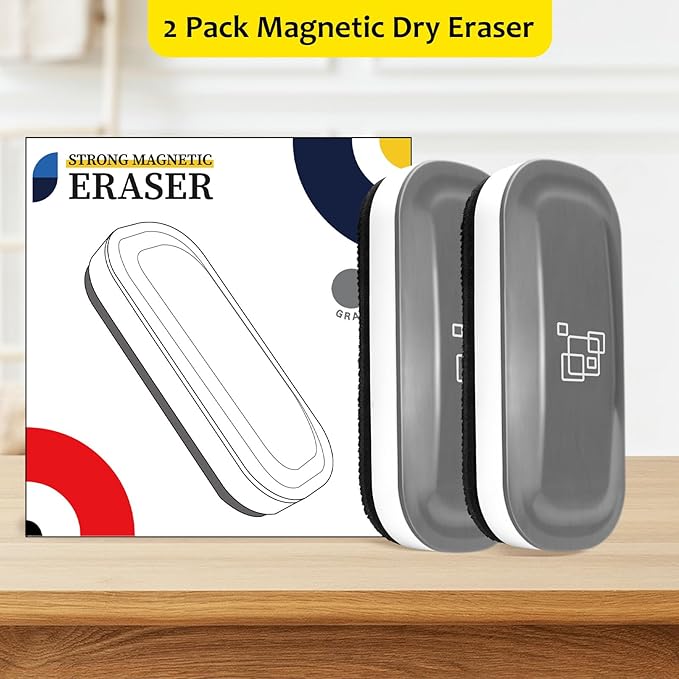 maxtek Dry Erase Eraser, Magnetic White Board Erasers - 2 Pack, Glass Whiteboard Eraser for Office and School Supplies (Gray)