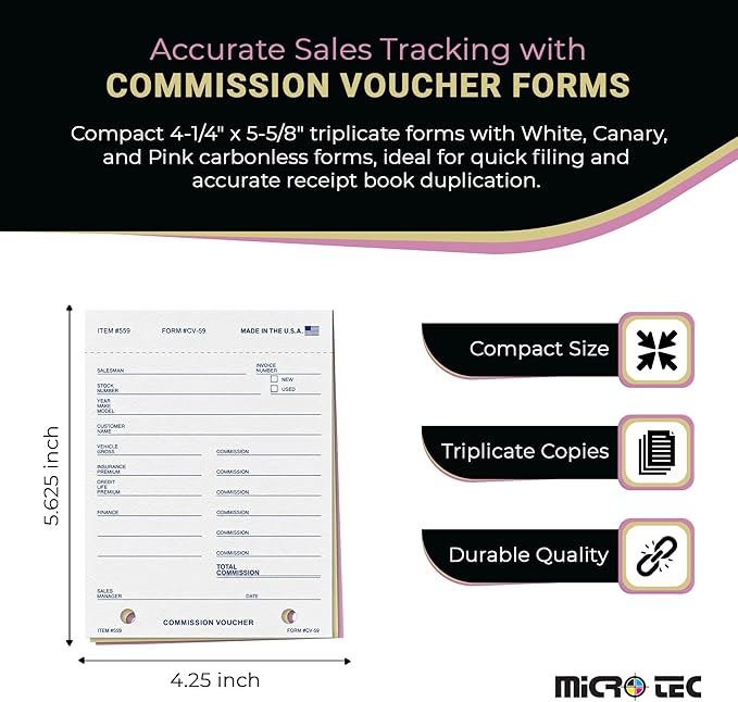 Commission Voucher Book CV-59-3 Part Carbonless Forms, Triplicate NCR Receipt Book, Snap-Out Pre-Punched with File Holes Commission Vouchers, Blue Ink, 4.25 x 5.625 Inch - Pack of 400