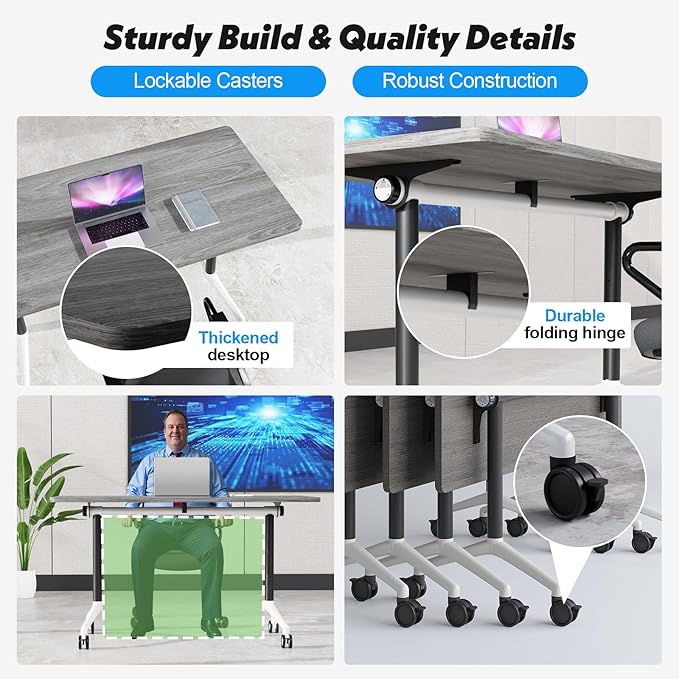 Goakwwuz Conference Room Table, Folding Conference Tables,Thicken Grey Tabletop,Flip Top Wooden Seminar Meeting Room Table for Conference Room Offices (6, Grey, 70.8”)
