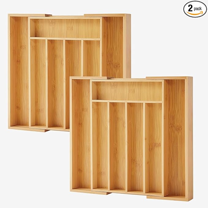 oridom 2-Piece Bamboo Silverware Organizer, Expandable Kitchen Drawer Organizer for Cutlery and Utensils, Multifunction Adjustable Bamboo Wood Cutlery Tray in Drawer for Flatware, (Natural)
