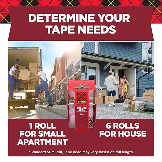 Scotch Secure Seal Packing Tape, Ultra Clear, Reliable and Durable Seal, 1.88 in x 800 in., 6 Packaging Rolls with Dispensers