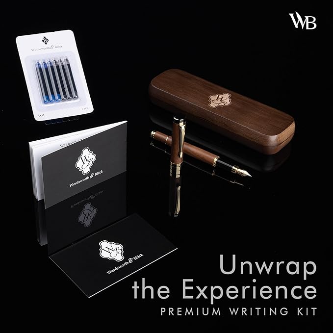 Wordsworth & Black Fountain Pen Set, Luxury Bamboo Wood - Medium Nib, Gift Case; Includes 6 Ink Cartridges, Ink Refill Converter -Journaling, Calligraphy, Drawing, Smooth Writing [Brown Wood]