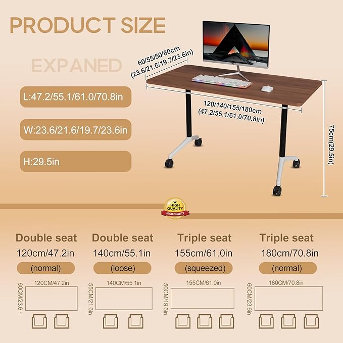 Folding Conference Table 4ft 5ft, Foldable Office Meeting Desk for 6 People, Multiple Sizes Colors Mobile Conference Room Table for Training Room School Business Furniture (6, Walnut, 55in)