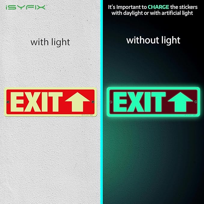 iSYFIX Exit Signs with Directional Up Arrow, Glow in the Dark, Photoluminescent Aluminum 12x4 Inch - 2 Pack, Laminated for UV & Weather Resistance, Ideal for Offices, Schools, Theaters & More