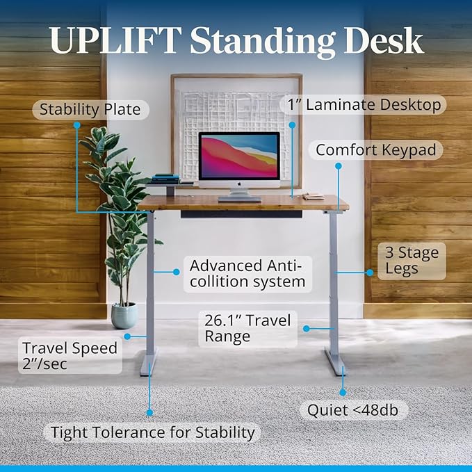 UPLIFTDESK V3 2-Leg Black Laminate Wood Standing Desk – Adjustable Height, Advanced 1-Touch Memory Keypad, Under Desk Cable Management, Wire Grommets & Rocker Board (Black C-Frame, 48 x 30 inch)
