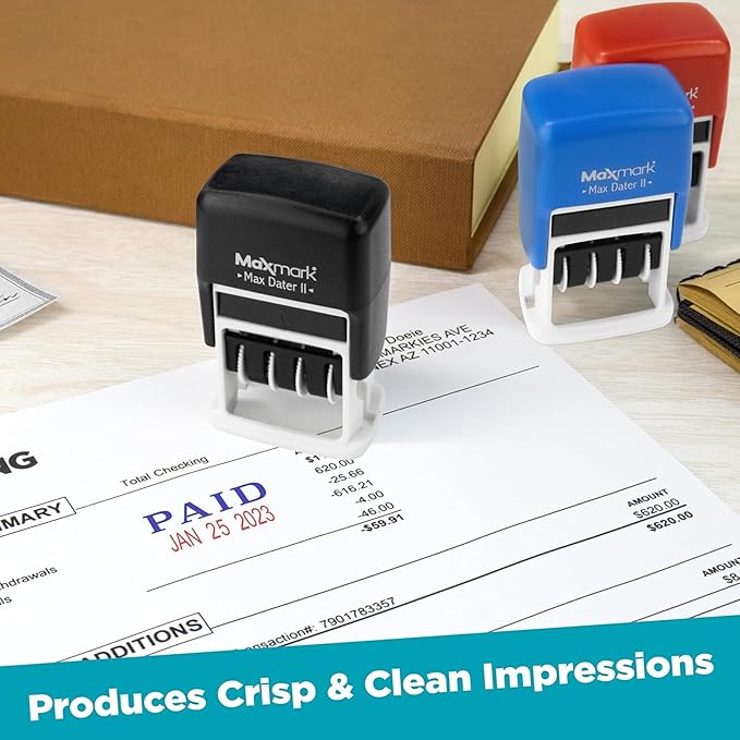 MaxMark Self-Inking Rubber Date Office Stamp with Completed Phrase & Date - RED Ink (Max Dater II), 12-Year Band