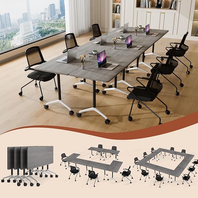 Folding Conference Table 4ft 5ft, Foldable Office Meeting Desk for 6 People, Multiple Sizes Colors Mobile Conference Room Table for Training Room School Business Furniture (2, Grey, 55in)