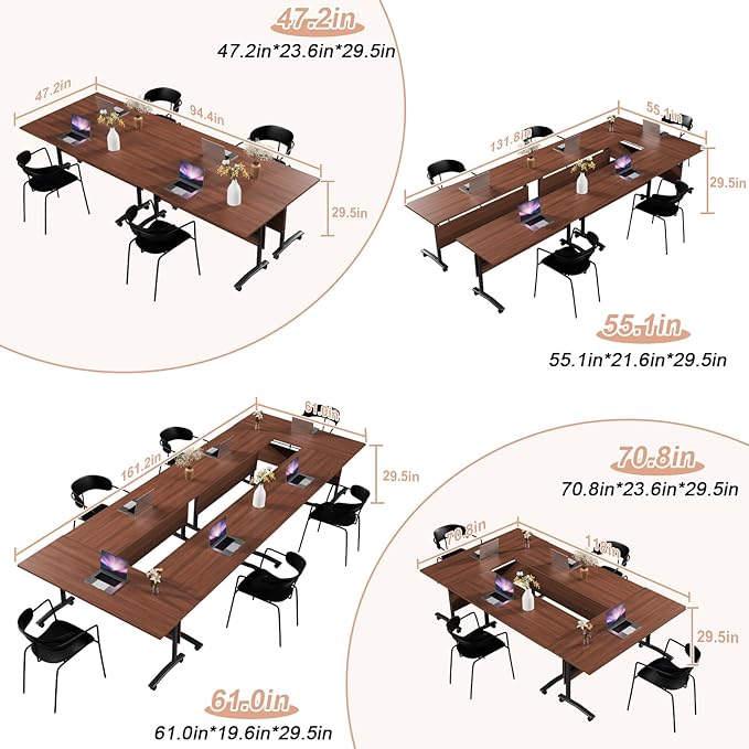 Conference Table Flip Top Mobile Conference Room Tables,Folding Conference Table with Wheels,Large Meeting Training Seminar Table Saving Space for Office Classroom(12D,61'')