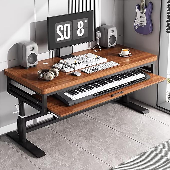 GRIPITHPY Modern Music Studio Desk Workstation with Keyboard Tray,Height Adjustable Standing Desks Table,Recording Studio Desk with Metal Legs,Wood Computer Desk for Home Office Studio