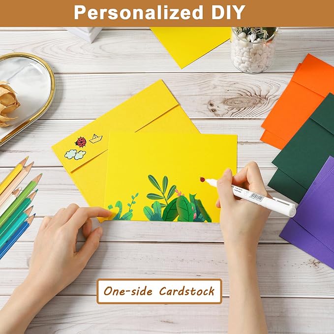 Silunkia 100 Packs 10 Assorted Colors Blank Note Cards and Envelopes 4.25 x 5.5 Heavyweight Single Panel Cardstock and A2 Envelopes Printable Self Seal for Wedding, Invitations, Thank You Cards