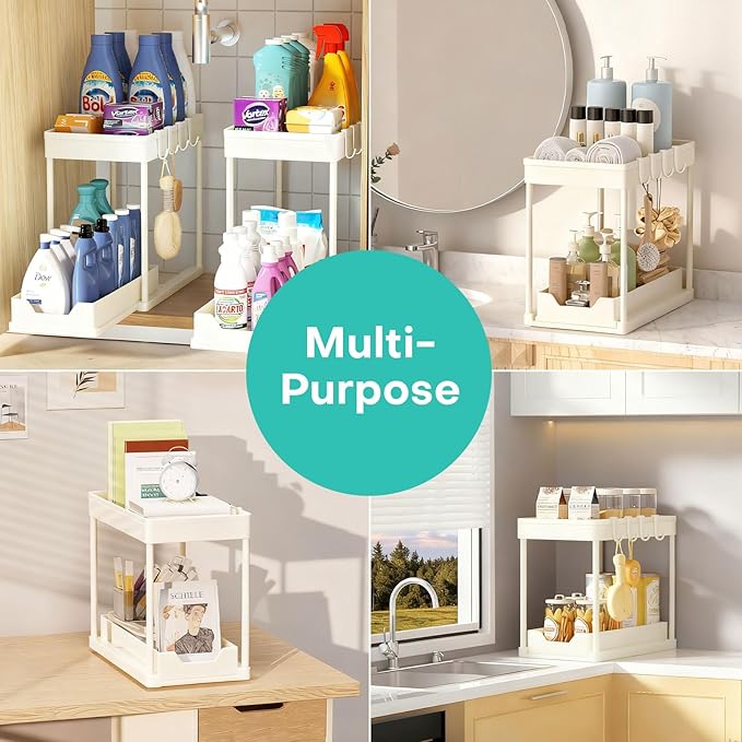 APWNRJA Under Sink Organizers and Storage 2 Pack, Pull-Out Sliding Cabinet Organizer with 2-Tier Storage Shelf & 4 Hooks, Multi-Purpose for Kitchen & Bathroom (13 Inch, White)