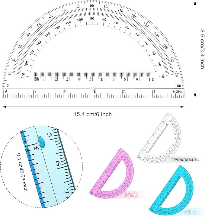 Zonon 3 Pack 6 Inch Plastic Protractor Christian Charity Donation 180 Degrees Pink Blue Clear Protractors for Classroom School Math Teacher Student Office Supplies Christmas Operation Gifts