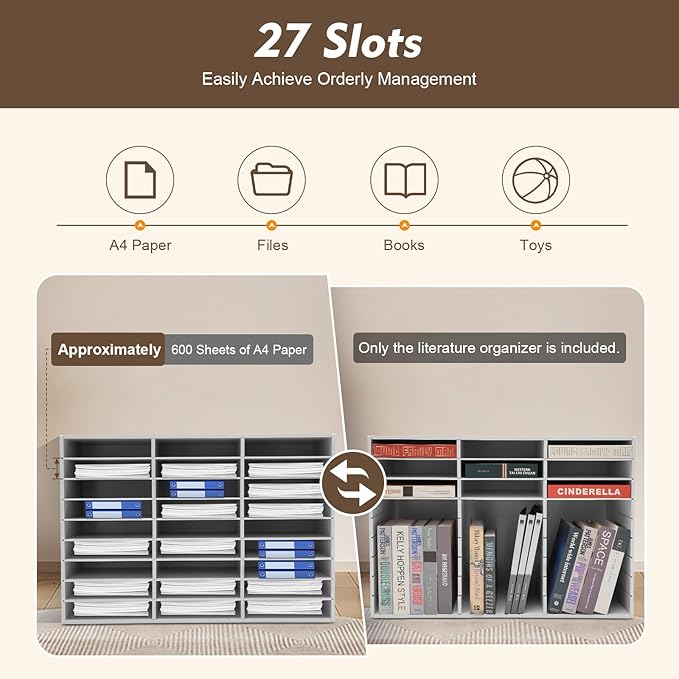 Literature Organizer with 27 Compartments | Adjustable Desktop File Sorter Mail Center for Home, Office & Classroom | PVC Paper Storage Cabinet with Shelves, White