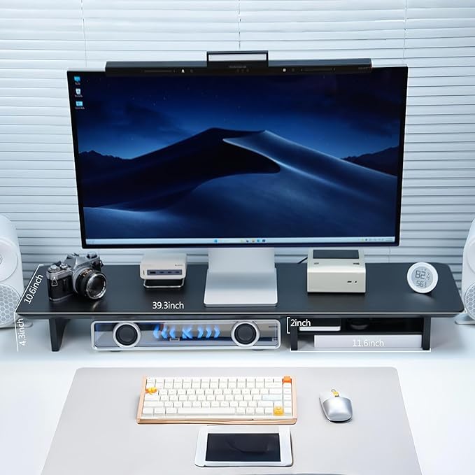 ROCDEER Bamboo Dual Monitor Stand Riser Black, 2-Tier Desk Monitor Riser for 2 Monitors, Supports for PC Computer Monitor, Printer, Heavy TV Riser up to 300 lbs