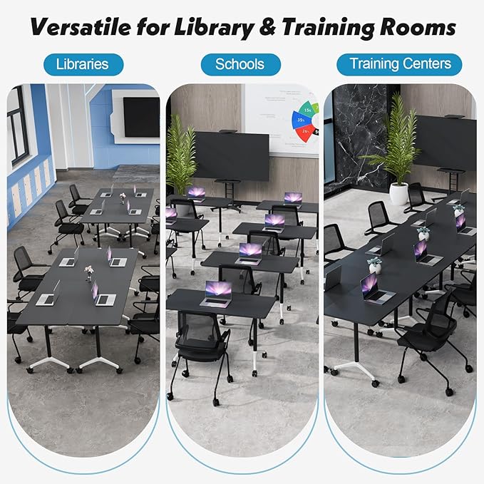 Goakwwuz Conference Room Table, Folding Conference Tables,Thicken Grey Tabletop,Flip Top Wooden Seminar Meeting Room Table for Conference Room Offices (2, Black, 55.1”)