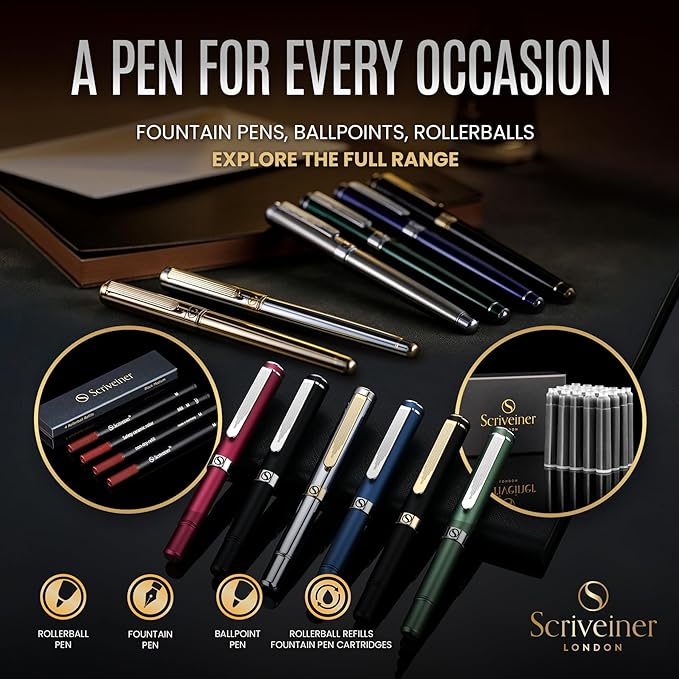 Scriveiner Luxury EDC Fountain Pen (Medium), Matt Red Pocket EDC with Chrome Finish, Schmidt German Nib, Converter, Best Writing Gift Set for Men & Women, Fancy Pen for the Office & Journaling
