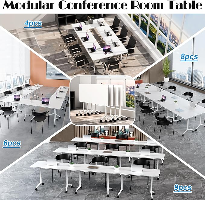 Conference Table Flip Top Mobile Conference Room Tables,Folding Conference Table with Wheels,Large Meeting Training Seminar Table Saving Space for Office Classroom (12, White, 55.1'')