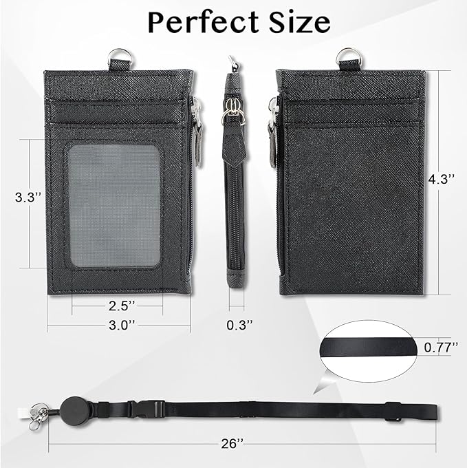 DELSWIN Badge Holder with Retractable Lanyard, PU Leather ID Badge Card Holder with 1 ID Window, 4 Card Slots, 1 Side Zipper Pocket, and Adjustable Neck Strap