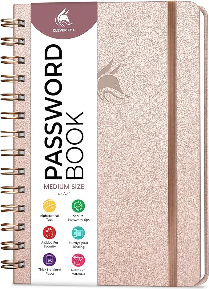 Clever Fox Password Book Spiral – Internet Address & Password Organizer with Laminated Alphabetical Tabs – Password Keeper Journal – Hardcover, Medium Size, 6.1x7.7” (Rose Gold)