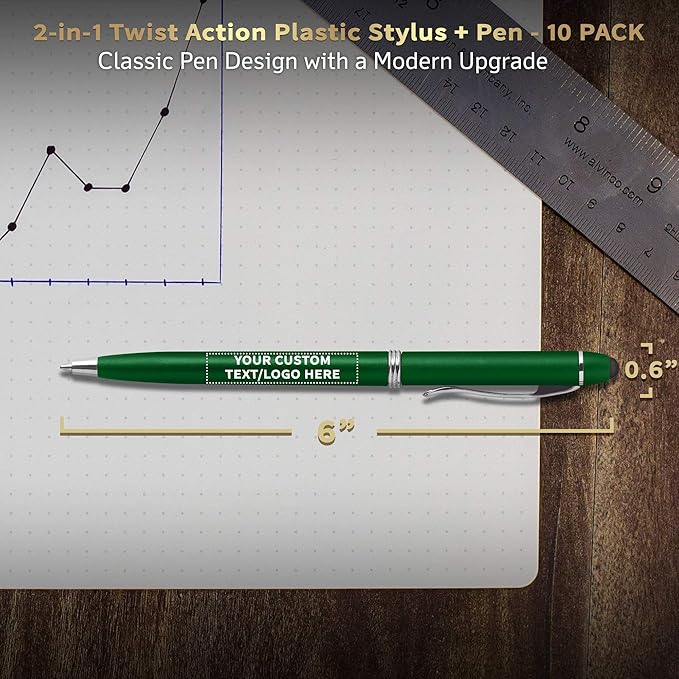 DISCOUNT PROMOS Custom Twist Action Plastic Stylus Pens, Set of 10, Personalized Bulk Pack - Pens for Work, Cool Pens for Writing, Black Ink - Green