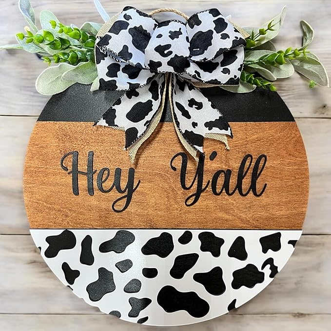 Wood front door sign Wood sign Home decor Welcome sign Sign for front door House warming gift Wedding gift (Hey Yall Cow-DS082(A10) S003, 11" Width)