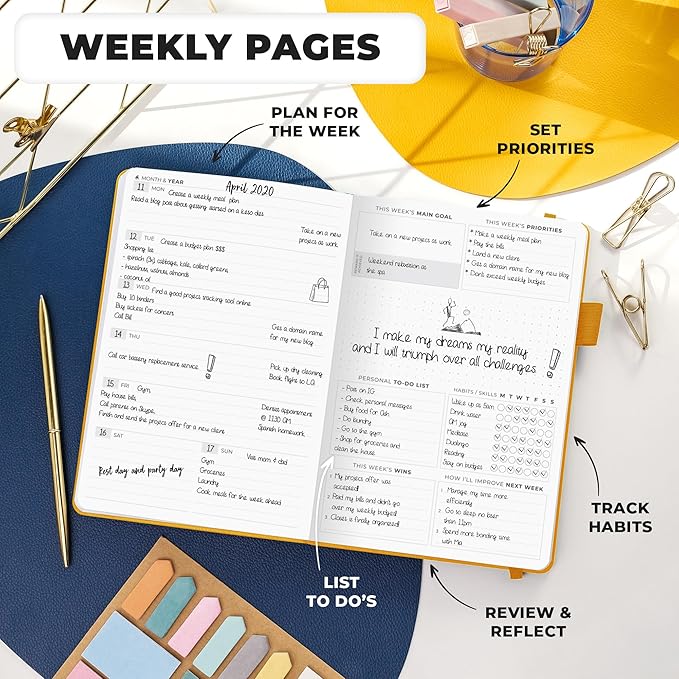 Clever Fox Planner Premium Edition – Undated Luxurious Weekly & Monthly Planner to Increase Productivity and Hit Your Goals – Organizer – Start Anytime, A5, Lasts 1 Year, Amber Yellow (Weekly)