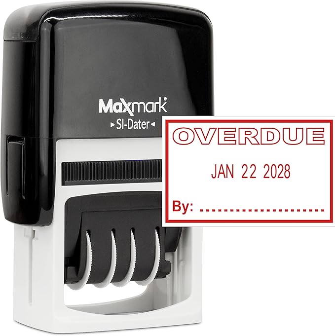 MaxMark Office Self Inking Date Stamp with Phrase Overdue - Red Ink