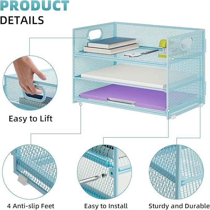 Marbrasse 3 Tier Paper Organizer Letter Tray, Mesh File Organizer with Handle, Paper Sorter Desk Organizer for Home Office Supplies(Blue)
