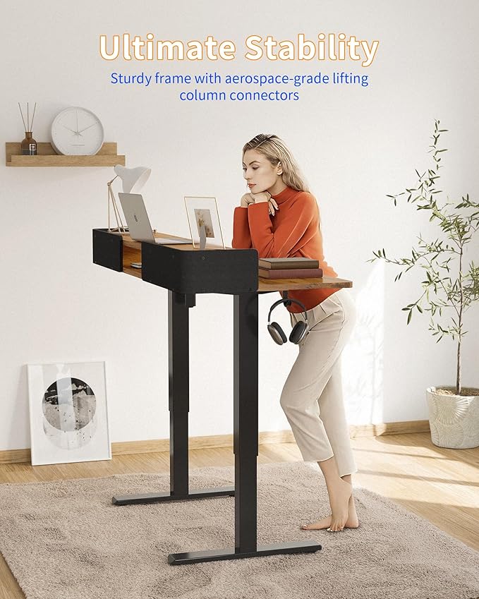 YIHAYO Electric Standing Desk with Drawers, 48 x 24 Inches Adjustable Desk with Storage Shelf, Stand Up Desk with Splice Board, Computer Table for Home Office, Black Frame/Rustic Brown Top