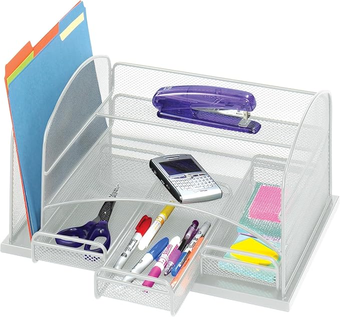 Safco Onyx Mesh Desktop Organizer, Use in Home, Office, Classroom with 3 Drawers, Silver16" x 11.4" x 8"