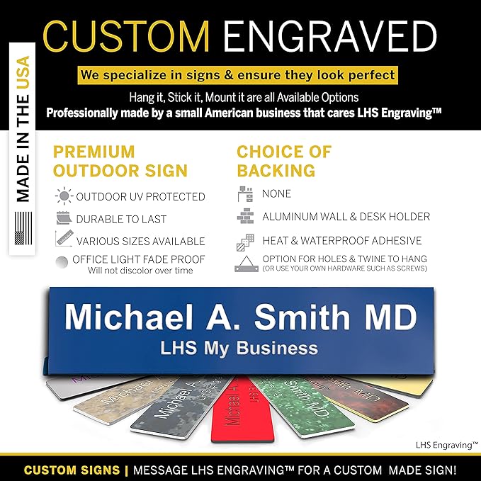 Engraved Name Plates for Door Sign Personalized Blue Plastic Plaque with White Letters - Made in USA 2x6 B9