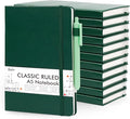 feela 12 Pack Notebooks Journals Bulk with 12 Black Pens, A5 Hardcover Notebook Classic Ruled Journal Set with Pen Holder for School Business Work Travel Writing, 120 GSM, 5.1”x8.3”, Dark Green