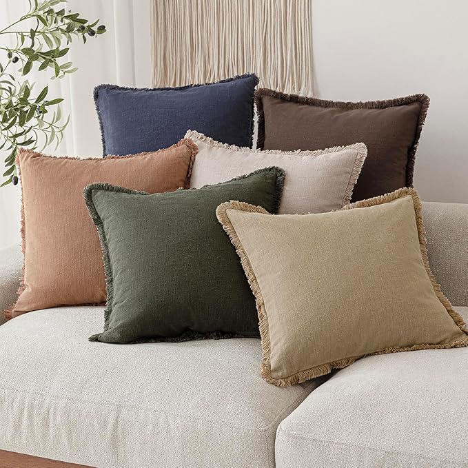 Foindtower Set of 2 Decorative Linen Fringe Throw Pillow Covers Boho Farmhouse Cushion Cover with Tassels Accent Pillowcase for Couch Chair Sofa Bed Living Room Home Decor,22×22 Inch,Tan Beige