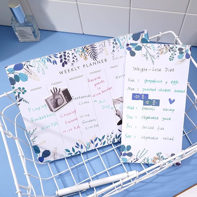 Weekly Planner Notepad Tear Off Set of 2 Weekly Calendar Pad 52 Undated To Do List Notepad Sheets Desk Planner Planning Pads Productivity Tracker for Work Goals Notes Schedule Ideas, Floral Blue