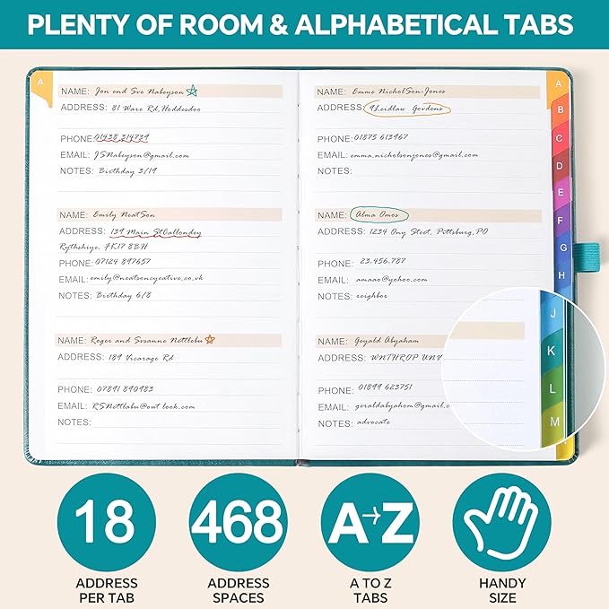 ZXHQ Address Book with Colorful Alphabetical Tabs (8.4" x 5.8") - Address Books for Seniors Hardcover Telephone and Contact Organizer, with Space for Important Website Passwords - Dark Green