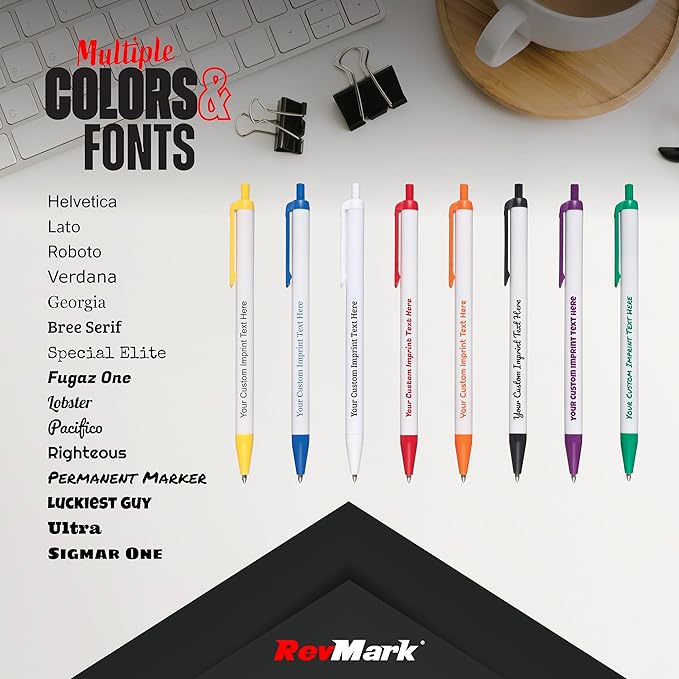 RevMark Personalized Ballpoint Pen, Custom Printed Name, Business or Event Information, Timeless Advertising, USA Made Pens, Promotional Marketing, Smooth Black Ink, Bulk Pack (White,50 Ct.)