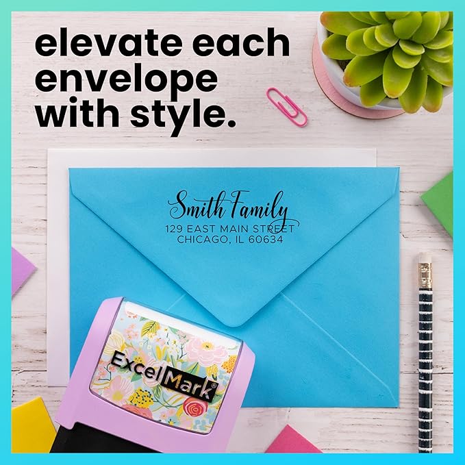 ExcelMark Address Stamp - Custom Return Address Stamp with Elegant Designs, Vibrant Colors & Patterns – Perfect for Mail, Invitations & Gifts (Peach Mount, Signature Script)